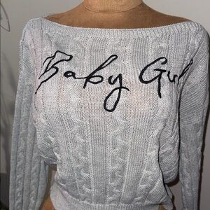 SHEIN Gray Cable Knit Sweater with Black Embroidery